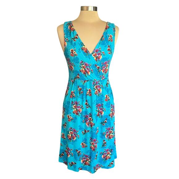 Garnet Hill Starlet Knit Blue Floral Dress Surplice Neck Sleeveless SMALL Summer - Picture 2 of 10
